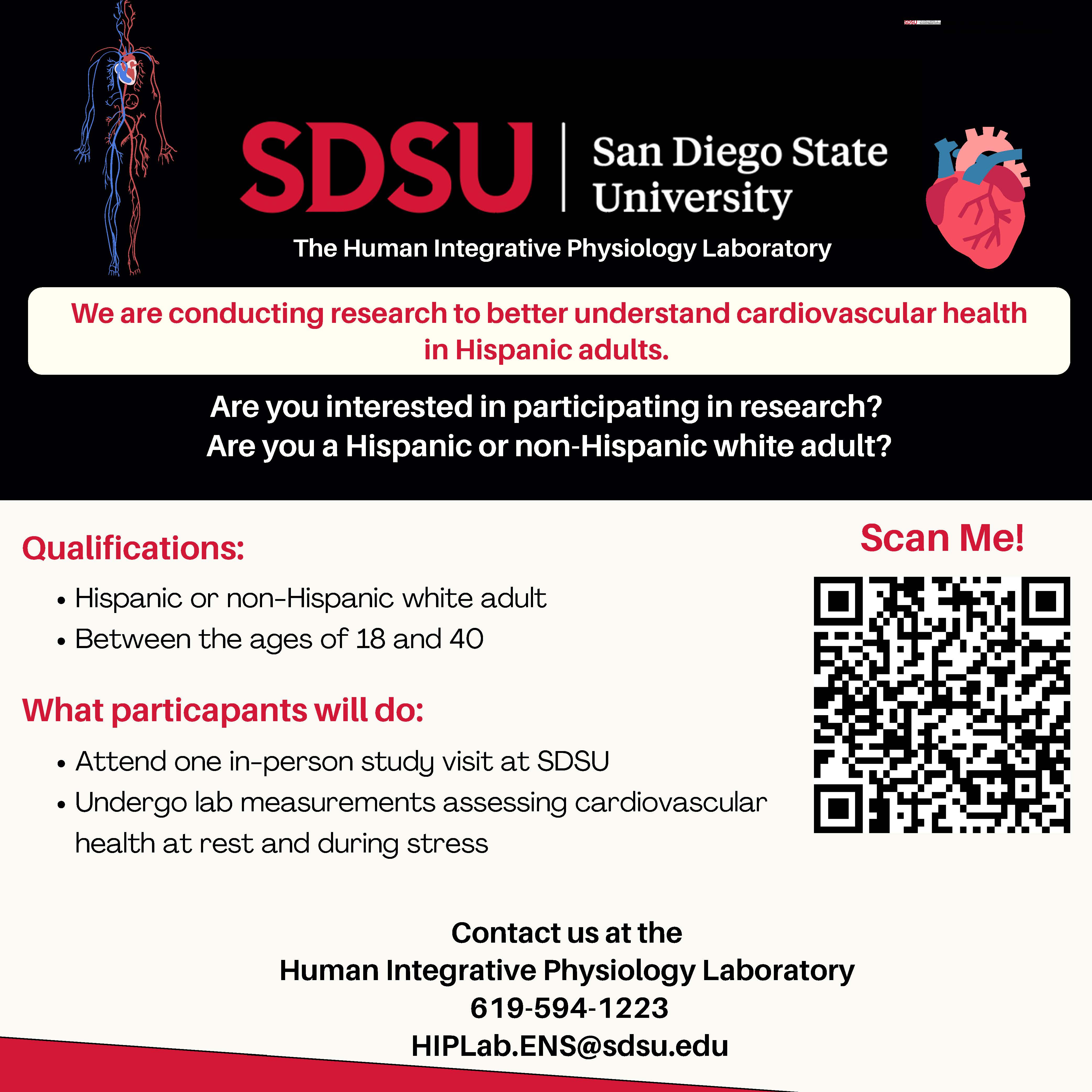 Flyer for Cardiovascular Health in Hispanic Adults study. Flyer outlines qualifications to participate and what participants will do. Also includes contact info for the HIP Lab -Ckissell@sdsu.edu